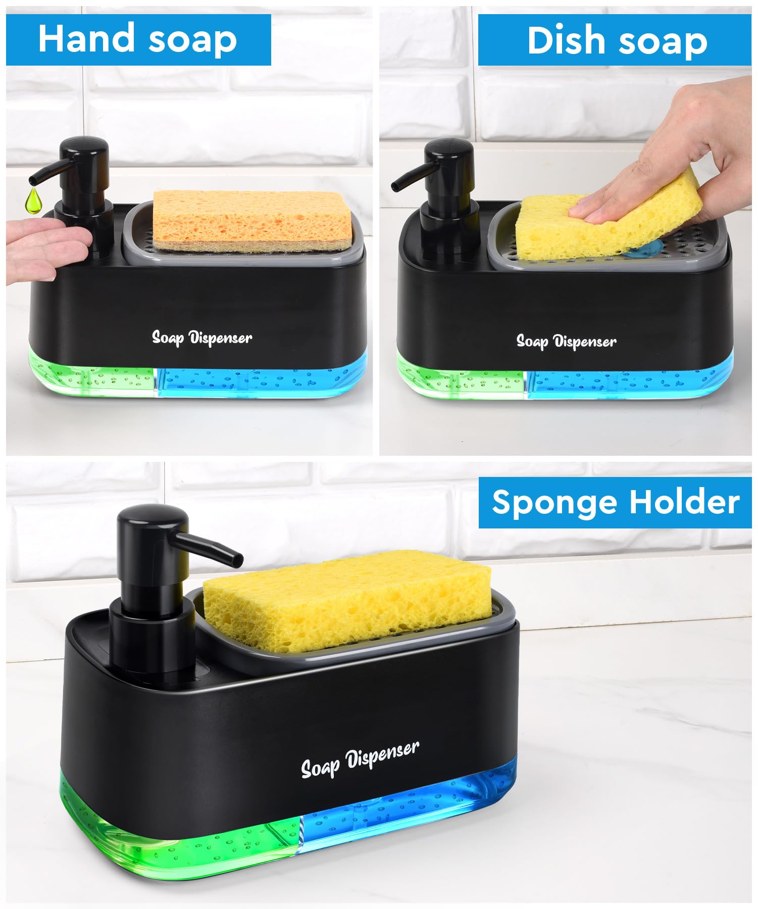Bestseek Hand and Dish Soap Dispenser Set for Kitchen Dual Soap Dispenser with Sponge Holder - Image 2