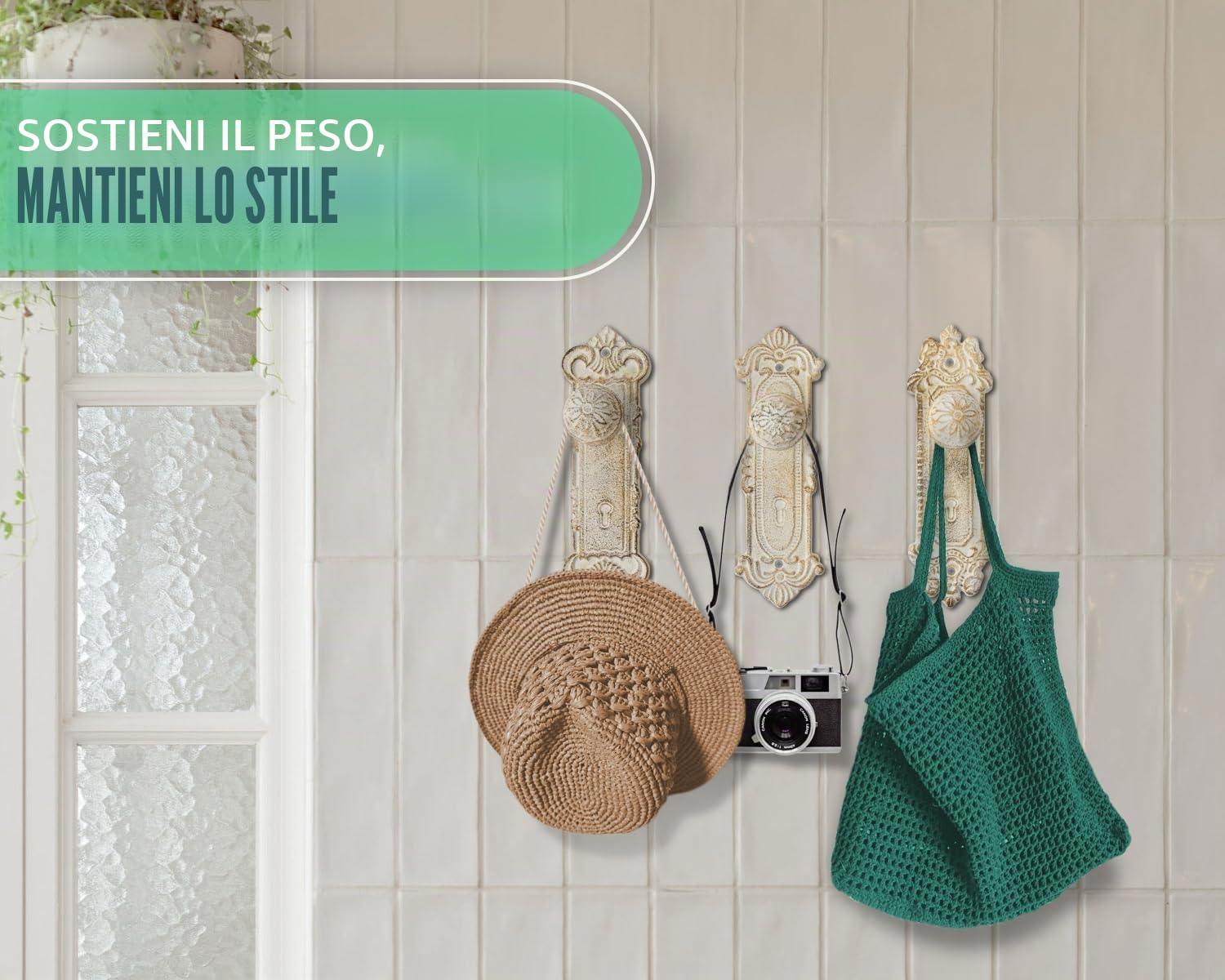 Set di 3 Ganci da Parete in Ghisa Stile Shabby Chic - Colore Bianco Rustico - Viti e Tasselli Inclusi - Ganci Antichi per Appendere i Vestiti