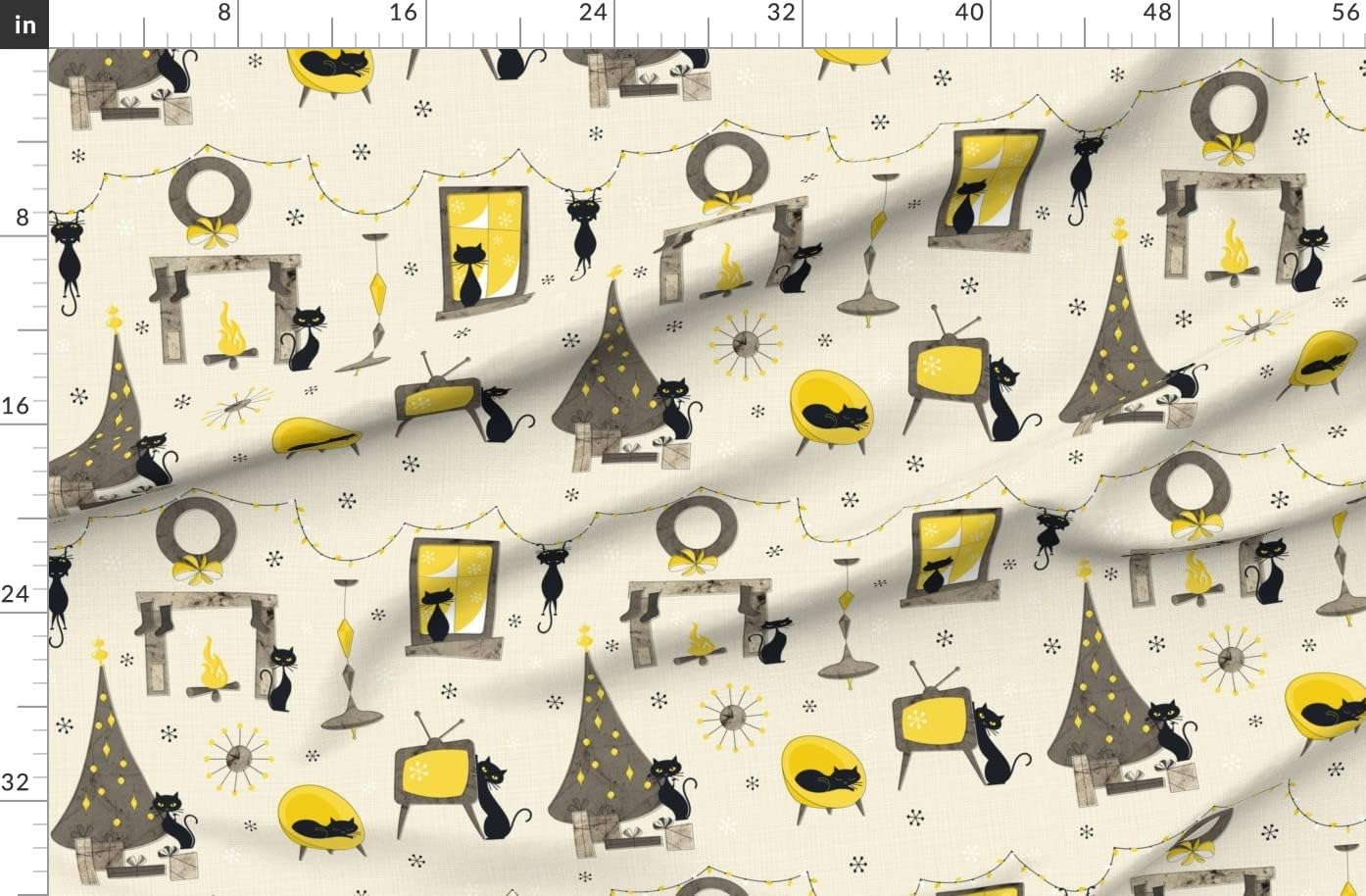 Spoonflower Fabric - Vintage Xmas Cats Christmas Holidays Fifties Retro Mid Century Holiday Printed on Organic Cotton Sateen Fabric by The Yard - Sewing Quilting Apparel Home Decor