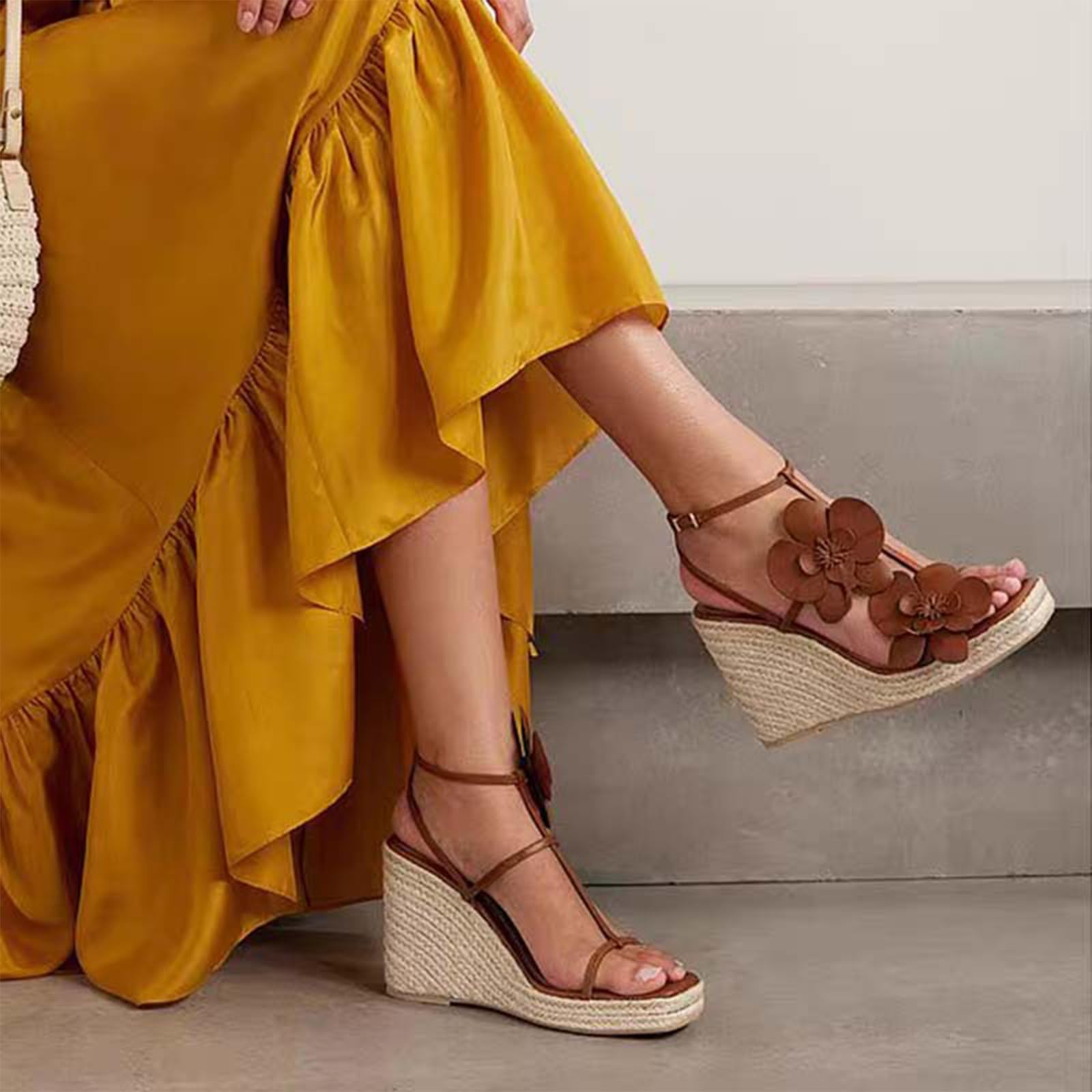Sandalias de esparto con cuña mujer decoración floral tirante en T hebilla tobillo ajustable plataforma suela gruesa estilo boho playa vacaciones fiesta