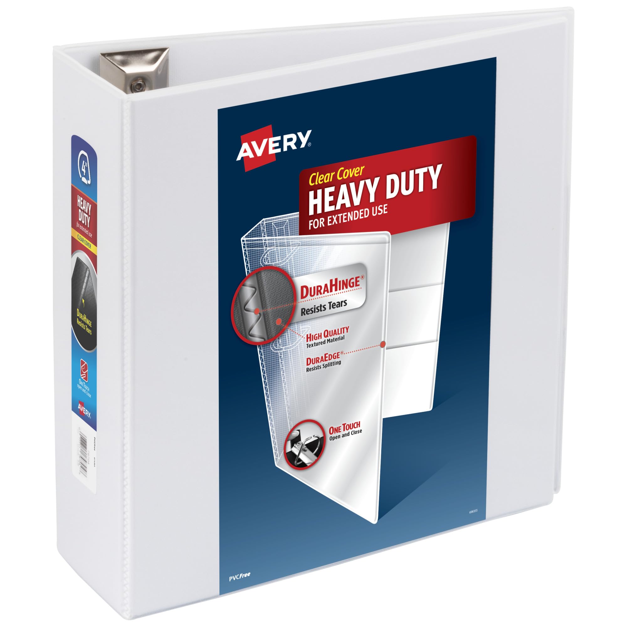 Avery Robuster 3-Ringbuch, 10,2 cm schräge Ringe, 1 weißer Ordner | Für schwere Schule, Zuhause und Büro, DuraHinge® reißfester Rücken, DuraEdge® Split-resistant Edge, Clear View Covers