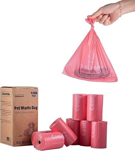 Bolsas compostables para excrementos de perro, 8 rollos120 unidades, a base de almidón de maíz, extragruesas, a prueba de fugas, sin perfume, con