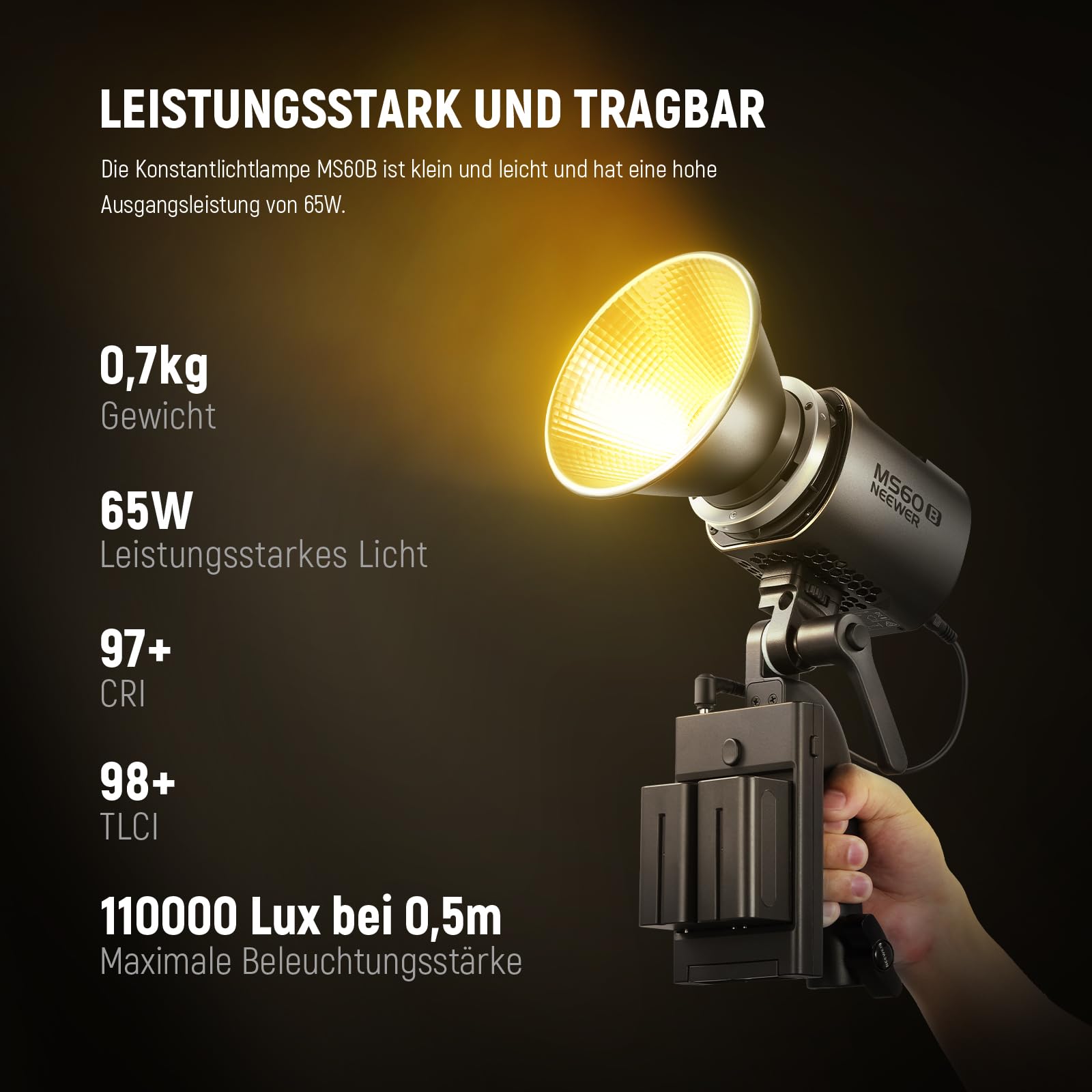 NEEWER MS60B LED Videoleuchte mit 6 Farbdiffusoren Kit, 65W Mini COB 2,4G/APP Steuerung Bi Color 2700K-6500K Dauerlichtleistung 40000lux/m CRI97+ TLCI98+ 12 Szenen, PWM Dimmung, Bowens Mount
