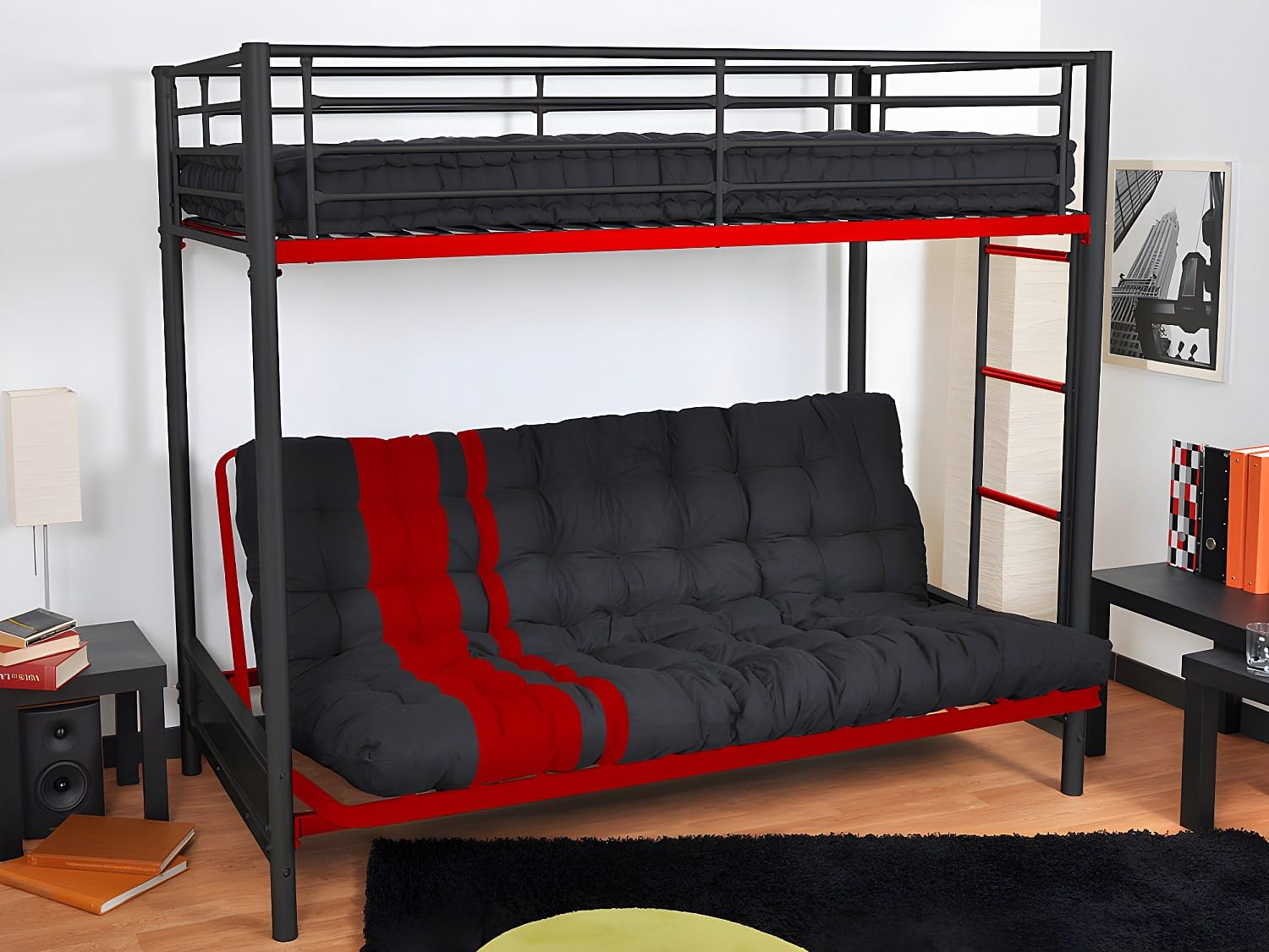 Vente-unique - Futon 135 x 190 cm spécial Banquette-lit ép.10cm - Noir et Rouge - MODULO