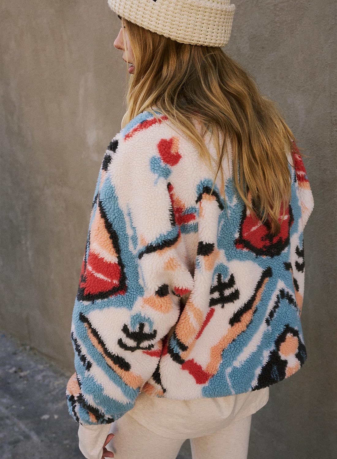 Printed Sherpa Jacket for Women Long Sleeve Button Down Fuzzy Fleece Coat Y2K Outerwear with Pockets - Image 5