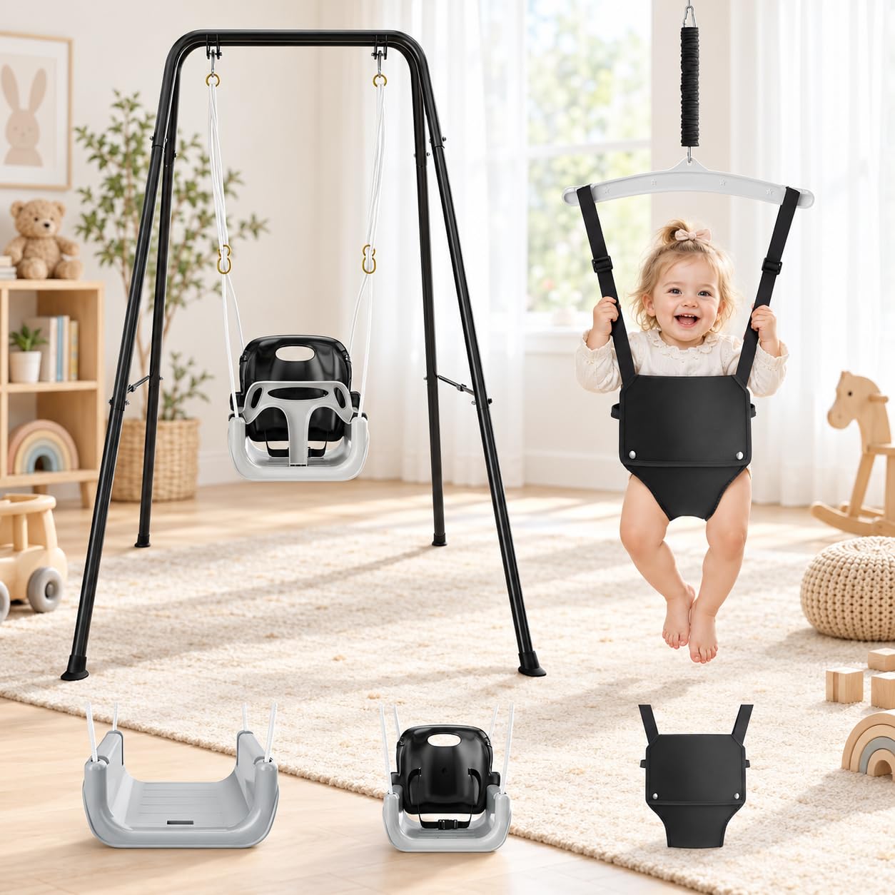 2‑in‑1 Children Swing with Metal Frame, Safety Harness Swing Seat for Indoor and Outdoor Play (Black)