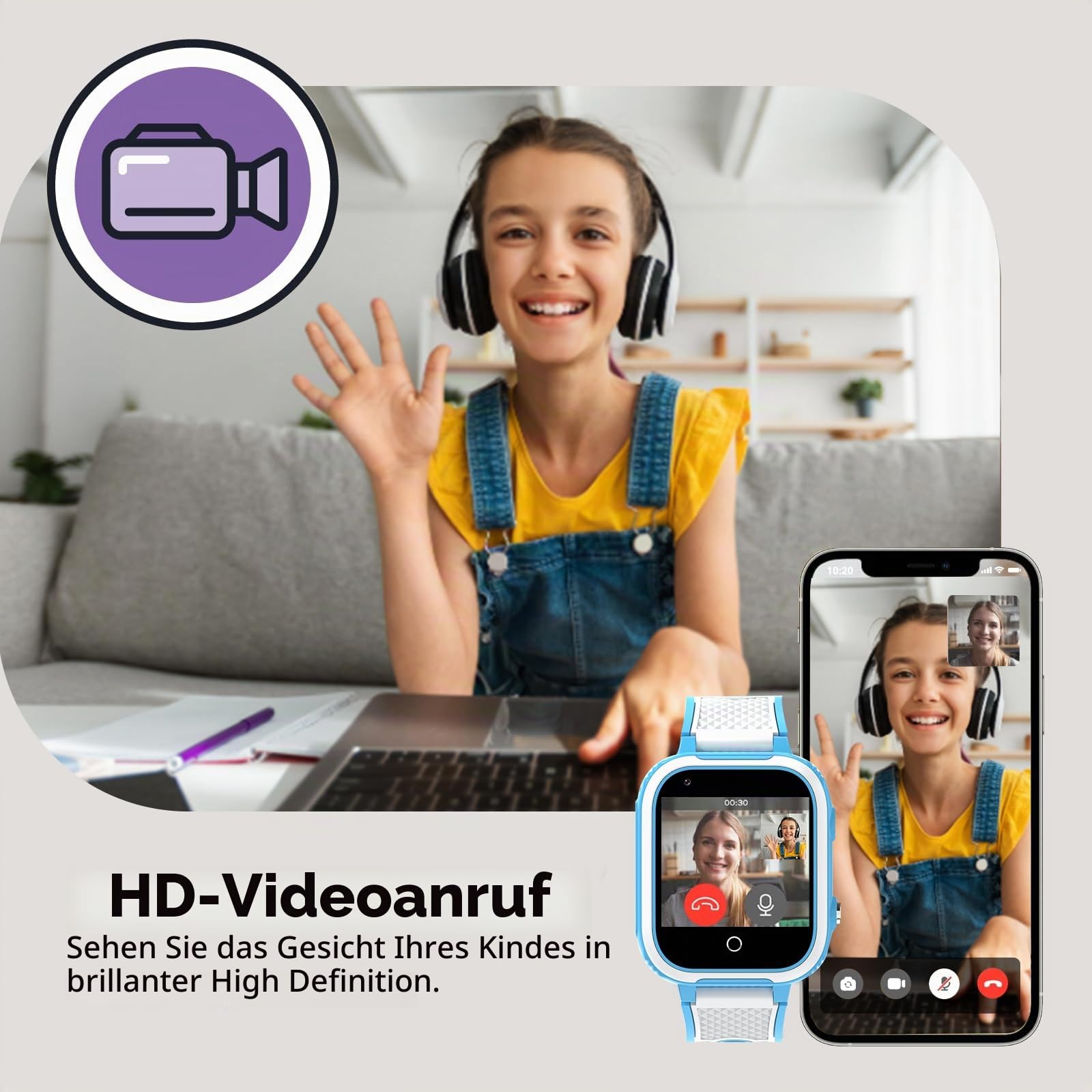 4G Smartwatch für Kinder mit GPS-Tracker, Uhr, Sprach-, Video-Chat, Text, Anruf, SOS-Alarm, Kamera, Schrittzähler, WLAN, wasserdichter Touchscreen, Kinderuhr für Alter 4–12 Jahre, Jungen,