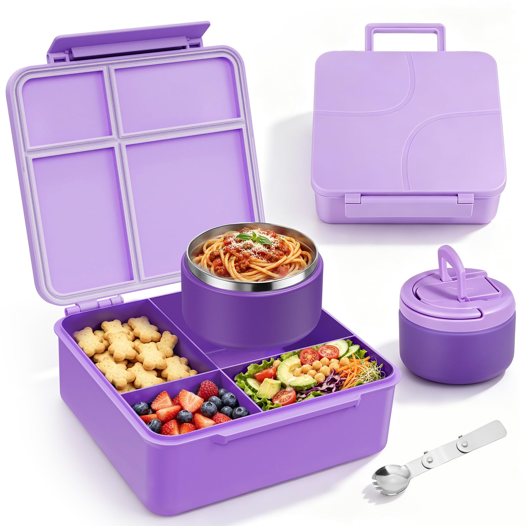 MAXSO Bento Lunch Box Set for Kids with 8 oz Soup Thermo, Leakproof Hot Food Container with 4 Compartments, Insulated Food Jar for Toddler Daycare Boys Girls School - Purple
