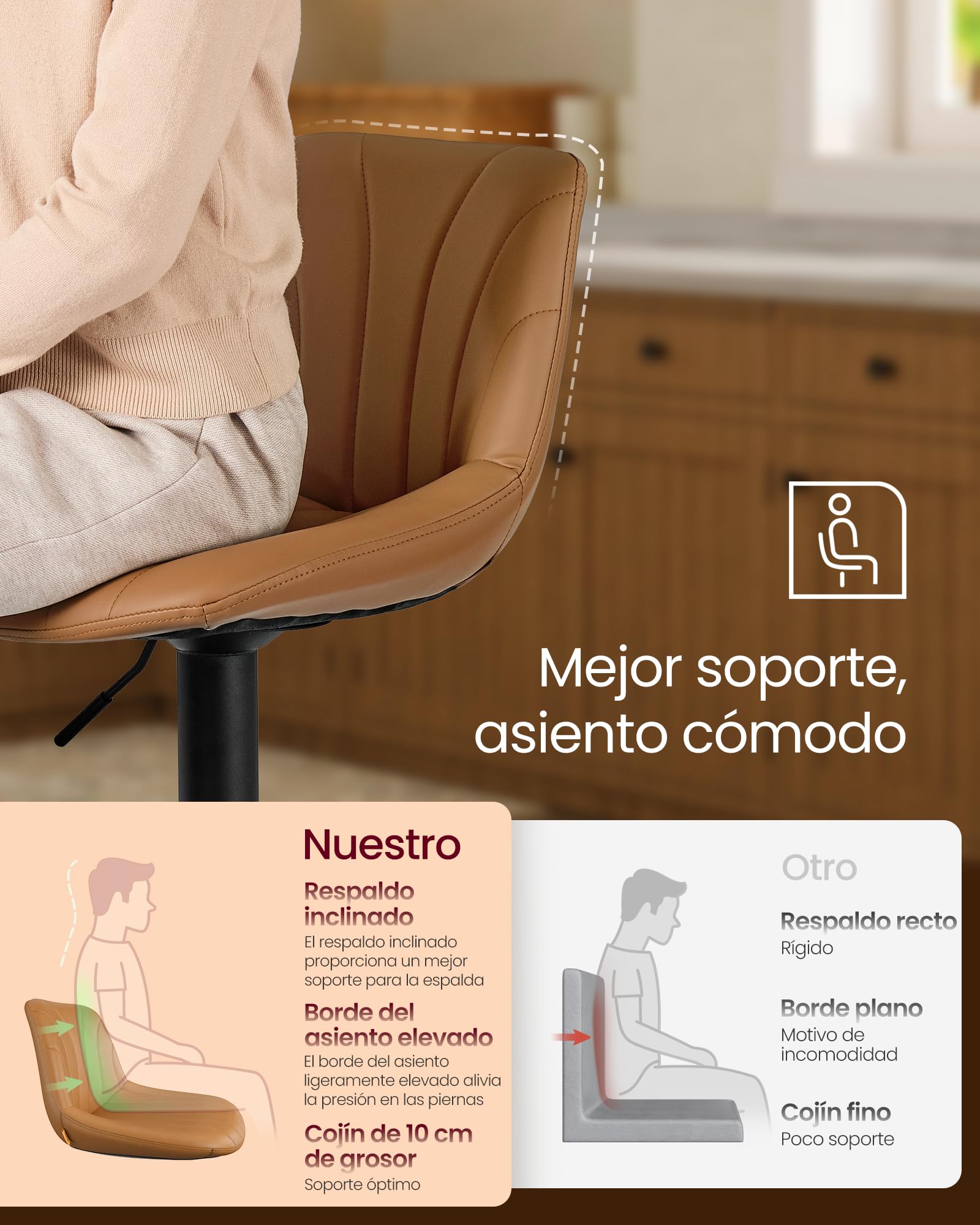 VASAGLE Taburetes de Bar, con Respaldo, Sillas de Bar de Altura Ajustable, Giro de 360°, Reposapiés de Metal, para Comedor y Cocina, PU, Juego de 2, Marrón Caramelo LJB181KN01