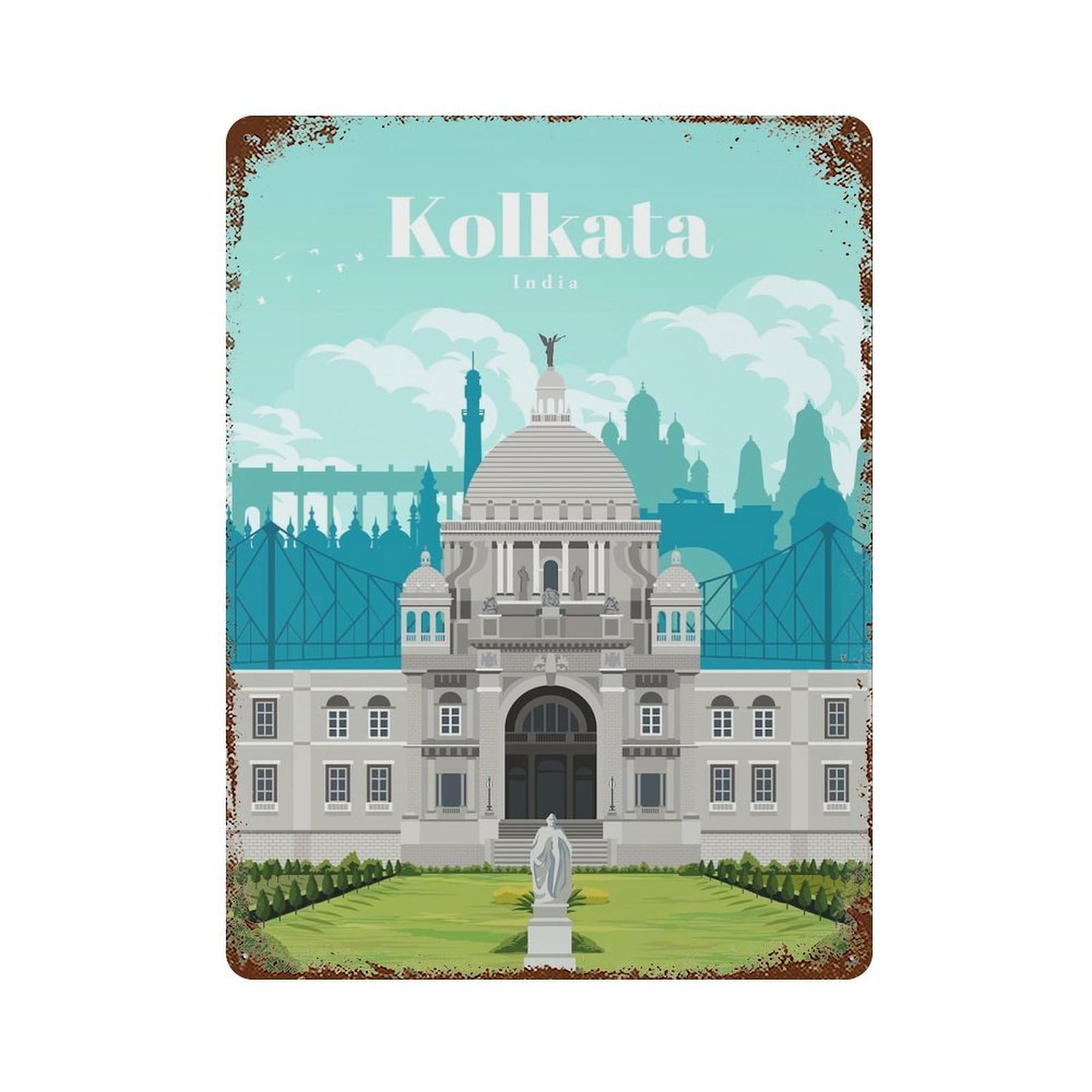 Rust Effect Visit Kolkata Distressed Metal Wall Sign 15.7"x11.8", Farmhouse Wall Decor for Office, Studio And Wall Decor
