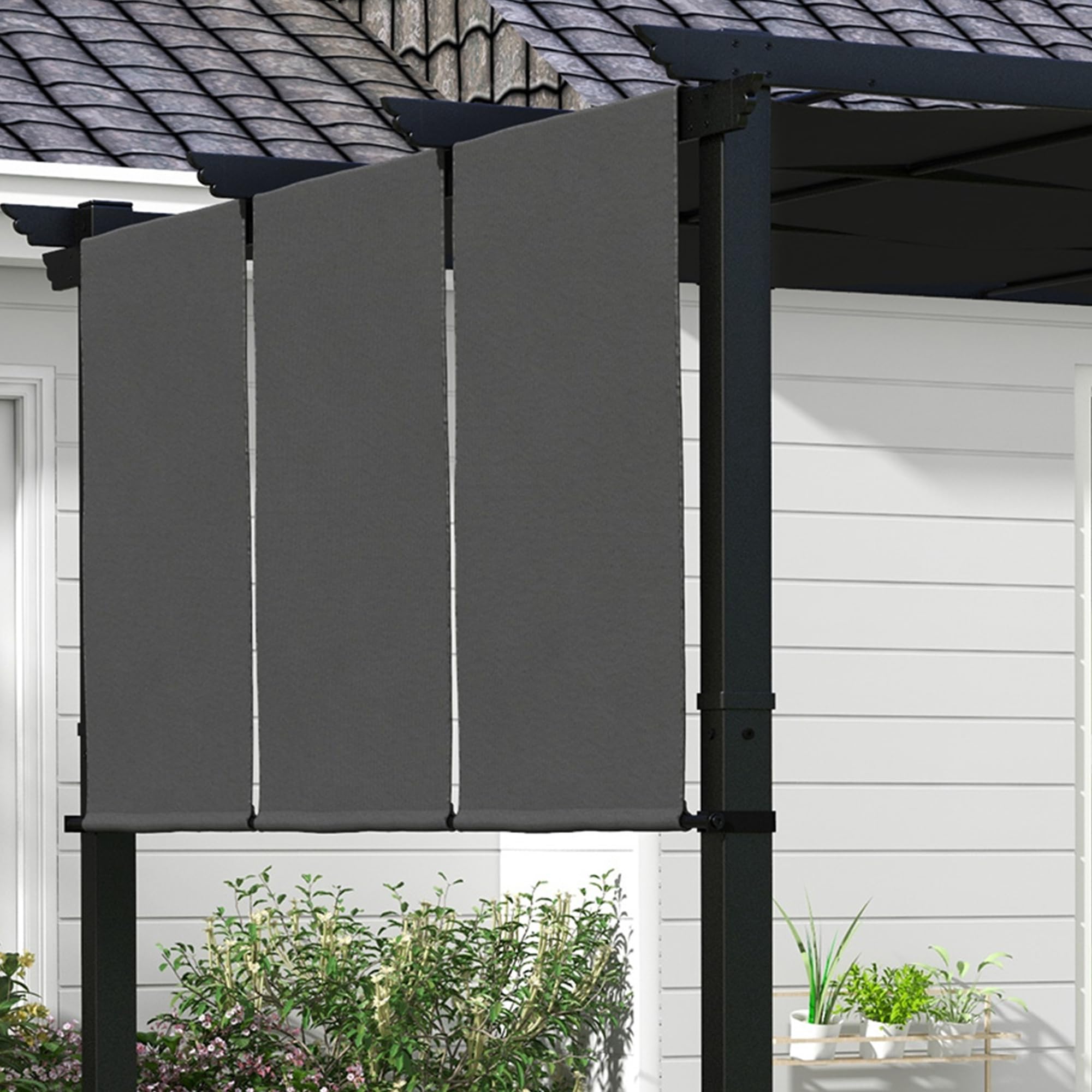 Outsunny Pergola avec 3 Toiles Coulissantes 3 x 3 x 2,38 m, Structure Acier Noir, Toile Polyester Haute Densité Gris Foncé