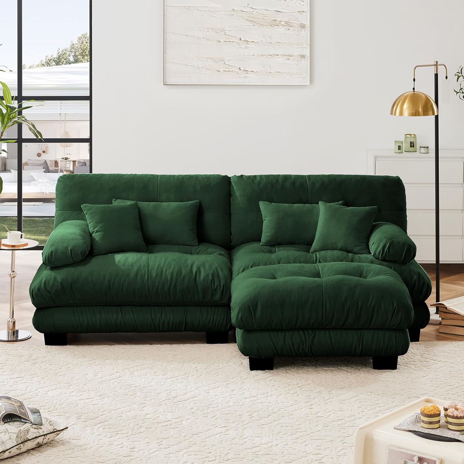 94.4" Loveseat Sofa, 2 Seater Modular Sectional Sofa, Green Large L Shaped Sectional Couches for Living Room, Fluffy Chenille Fabric Cloud Couch with Ottoman