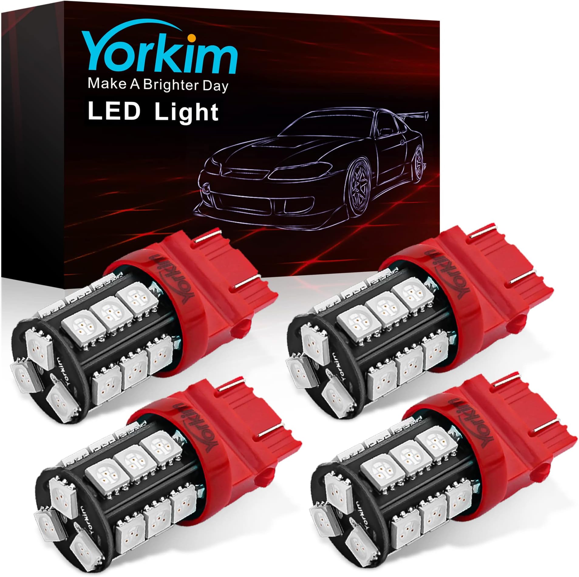 Yorkim 3157 LED Light Bulbs Red Super Bright, 3056 3156 3156A 3057 4057 3157 4157 T25 LED Bulbs for Brake Lights, Backup Reverse Lights, Reverse Tail Lights - Pack of 4