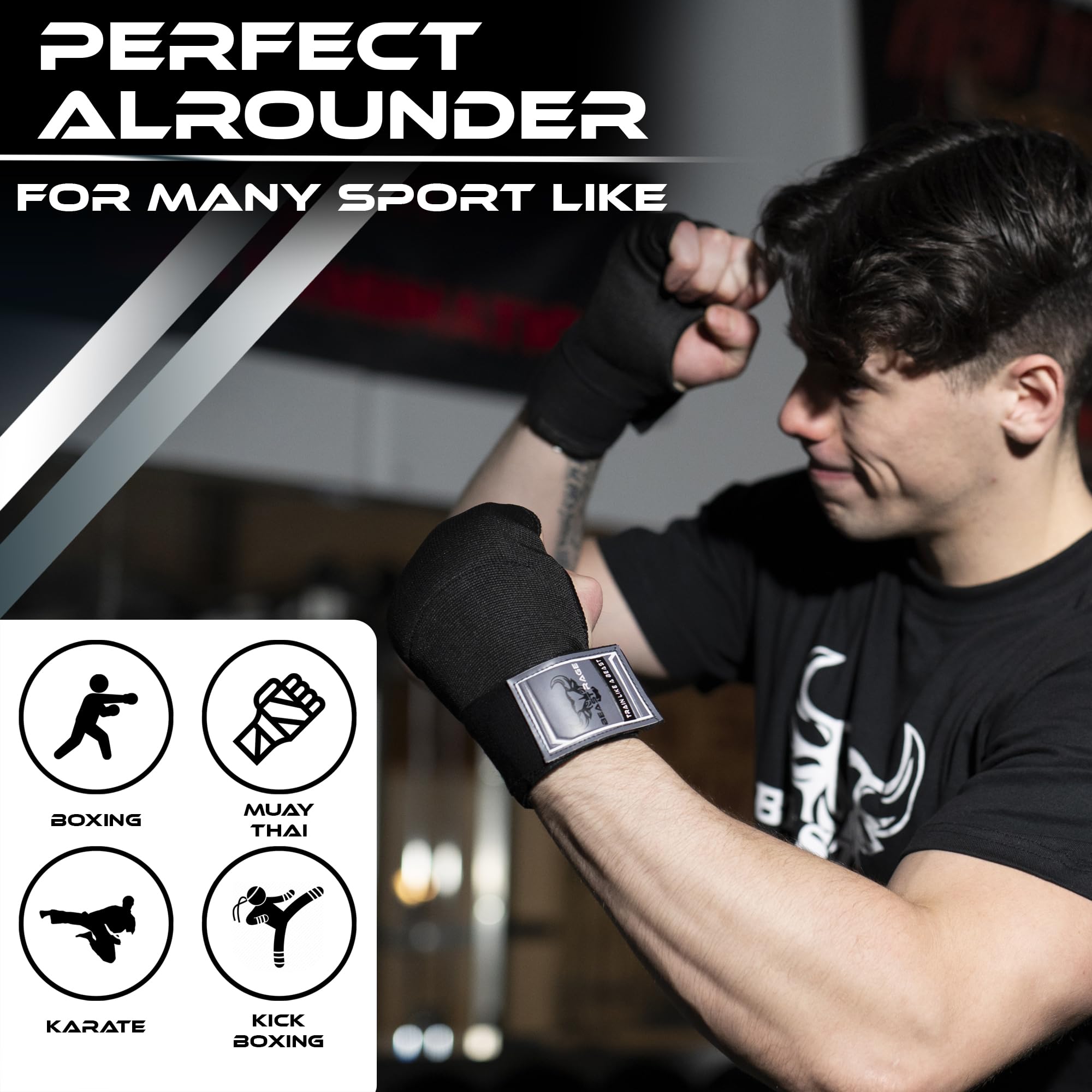 BEAST RAGE Guantoni da Boxe in Gel per Le Mani, 75 cm, Imbottiti, Elastici, per Allenamento, Muay Thai, Bende UFC per Uomo, Donna e Bambini