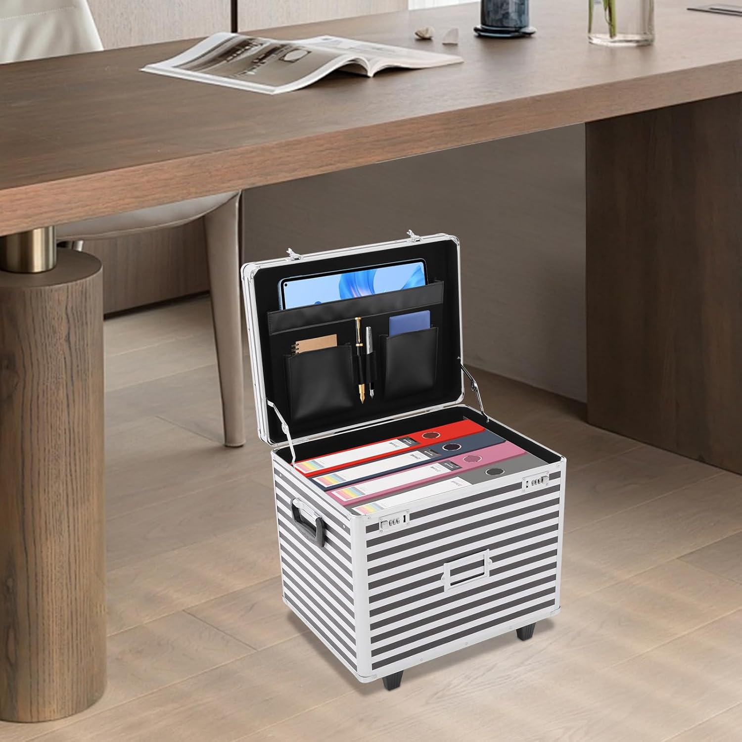 Lockable Mobile Rolling File Box with Pull Handle Portable Rolling Case File Cabinet Organizer Fireproof Document Box for Hanging Letter/Legal Folders (Black+Silver)