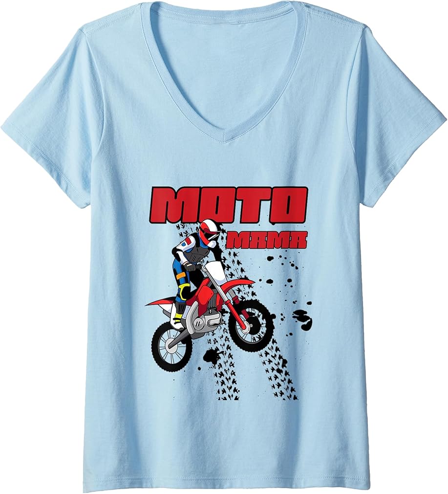 Womens Moto Mom Motocross Mudding Moto Mama Dirt Bike Racing V-Neck T-Shirt