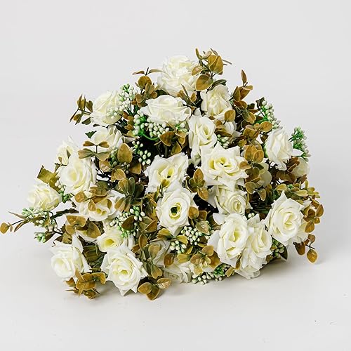Miniatura 4 de Flores artificiales, 5 racimos, 12 rosas pequeñas de seda falsa, arreglo de flores de plástico para ramos de boda, decoración del hogar, centros de
