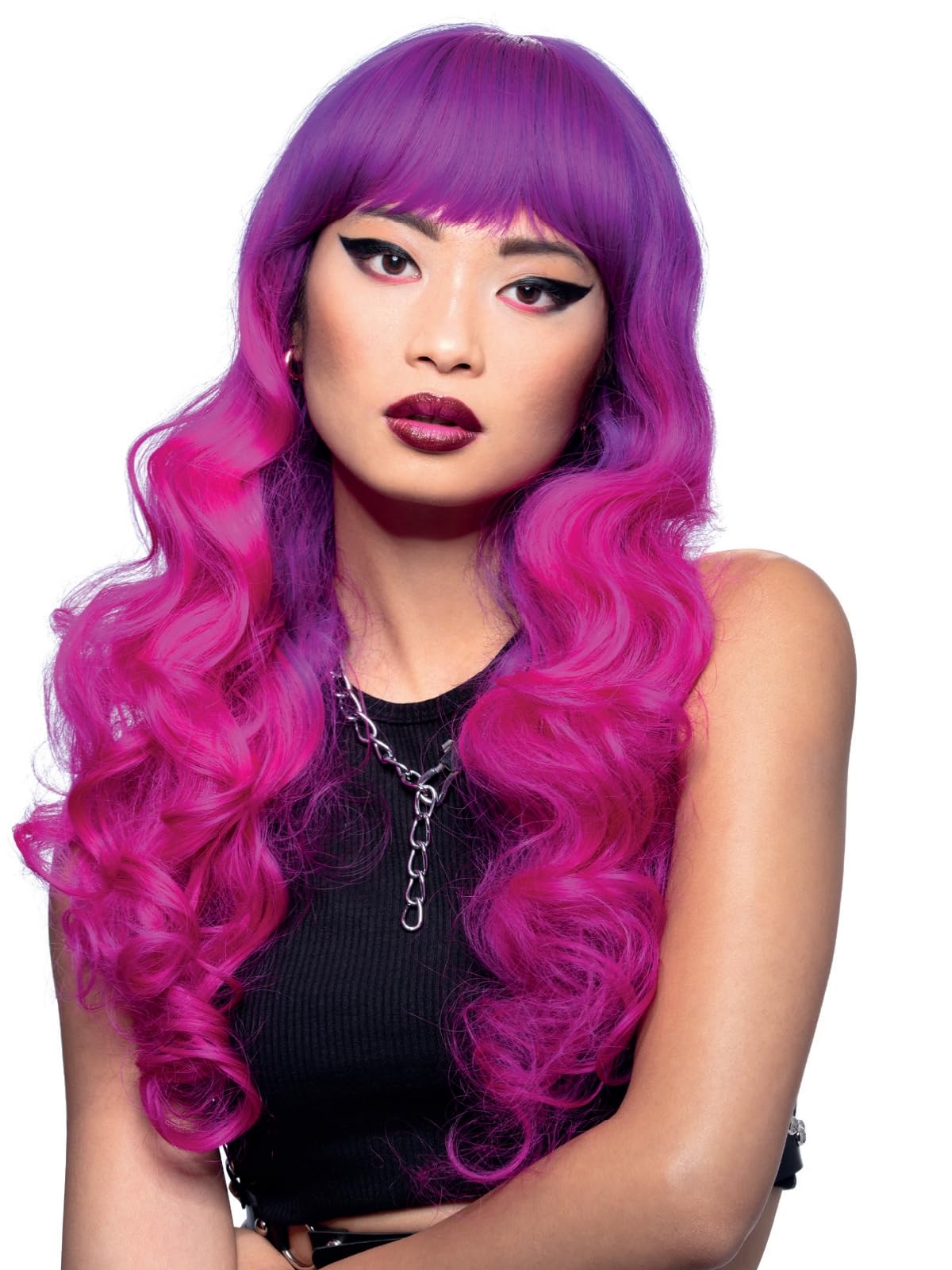 Smiffys Official Manic Panic® Fuchsia Passion™ Siren™ Wig, Long Curled Ends Wig, Heat Styleable with Adjustable Cap, in Purple & Pink Ombre Colours and Flowing Curls, Bold, sophisticated style — image 1
