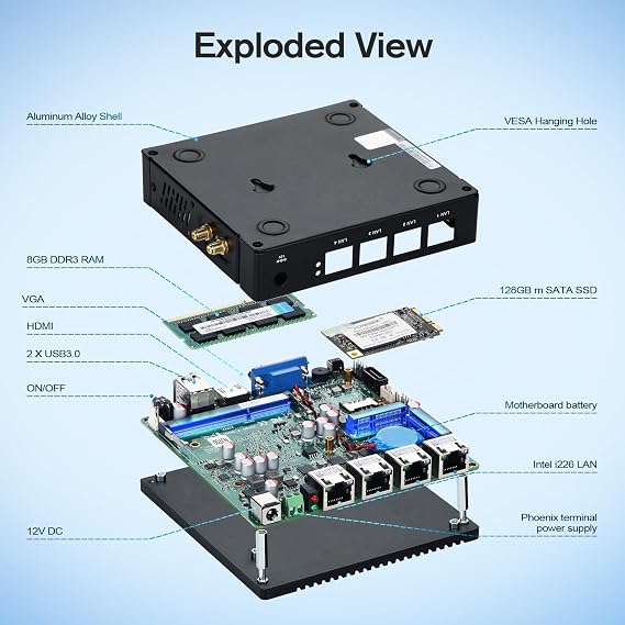 Fanless Micro Firewall Appliance Intel J3710 Quad Core, 4x Intel i226 LAN （up to 2.5Gb）, AES NI Network Gateway Soft Router test with pf-sense opn-sense (8G RAM 128G SSD)