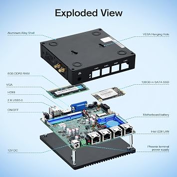 Fanless Micro Firewall Appliance Intel J3710 Quad Core, 4x Intel i226 LAN (up to 2.5Gb), AES NI Network Gateway Soft Router test with pf-sense opn-sense (8G RAM 128G SSD)
