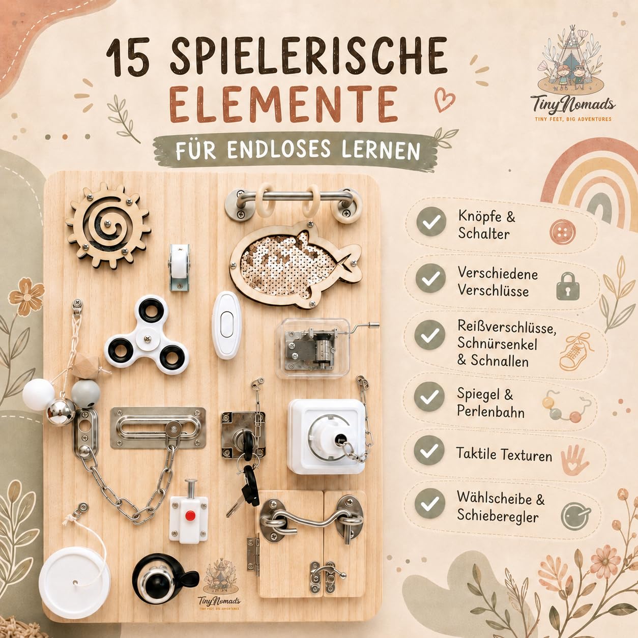 Montessori Busy Board aus Holz | Motorikbrett mit 15 Aktivitäten | Activity Board fur Kleinkind Beschäftigungsbrett Sensorik Lernspielzeug reisespielzeug Aktivitätsbrett