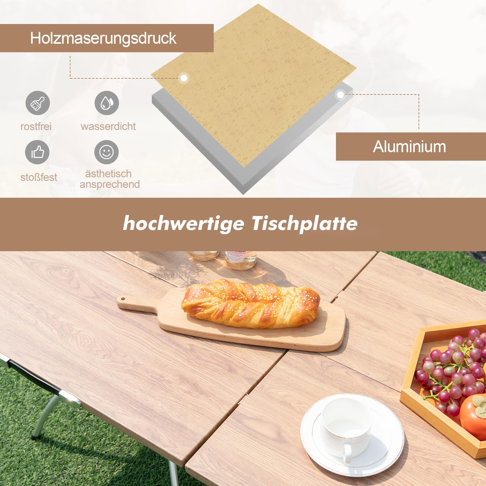 COSTWAY 2er Set Campingtisch klappbar, ausziehbarer Klapptisch mit Aluminiumgestell & Holzoptik, Falttisch mit Tragetasche, für Wandern, Picknick, Camping
