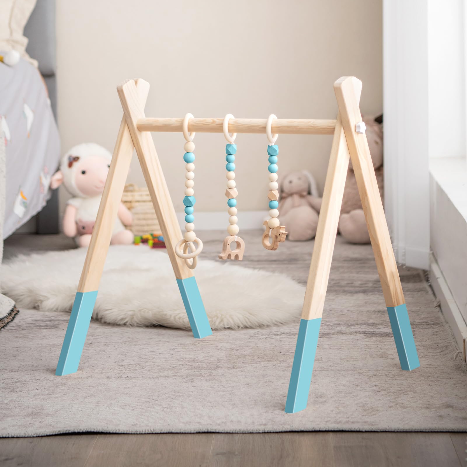 COSTWAY Baby Spielbogen Holz, Spieltrapez klappbar, Baby Gym mit 3 abnehmbaren Kinderspielzeugen, Spieltrapez für Babys über 3 Monate, Holzspielzeug zur Gehirnentwicklung (Grün)