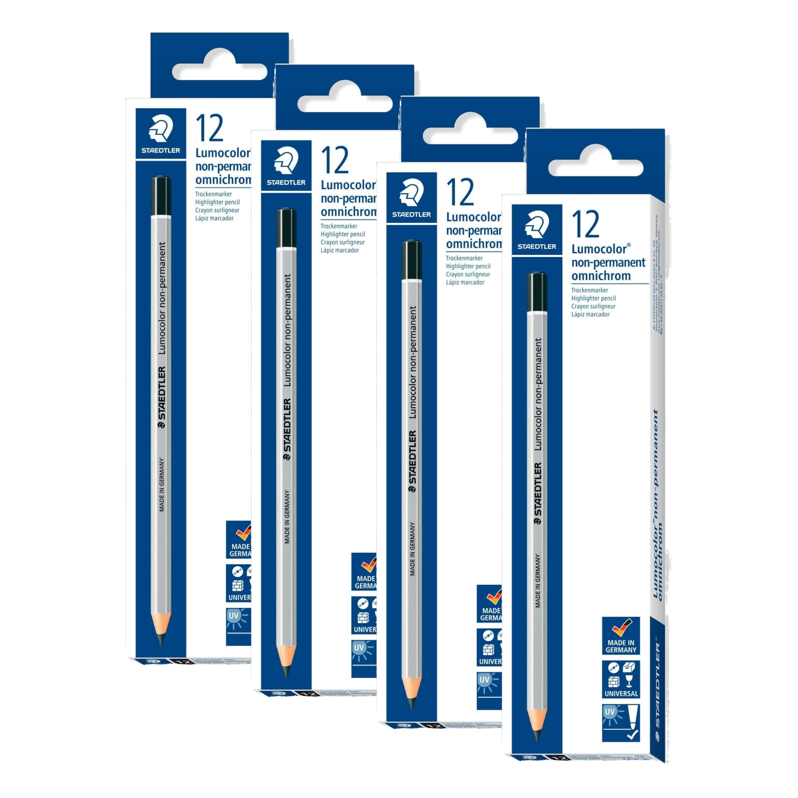 Staedtler Lumocolor Omnichrom, Crayons noirs non-permanents pour marquage sur la plupart des surfaces, Effaçables à sec et à l'eau, Boîte carton avec 12 crayons assortis, 108-9 VE (Lot de 4)