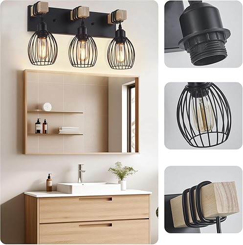 Miniatura 3 de Lámpara de tocador de granja de 3 luces para baño, aplique de pared de madera con elegante jaula de lágrima, luces industriales negras de tocador