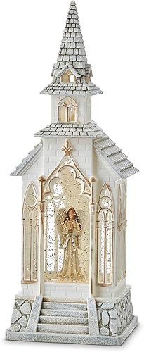 Raz Imports Figura de iglesia de agua iluminada con ángel de 13 pulgadas