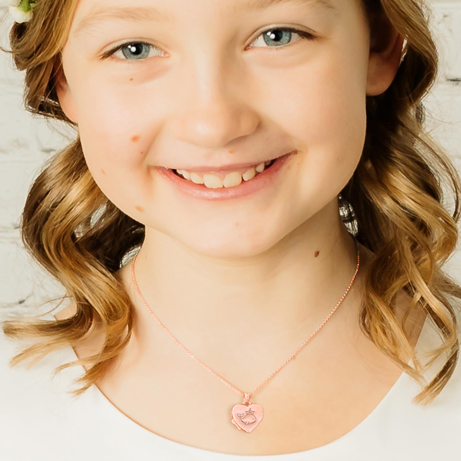Kette Mädchen Kommunion Geschenk, Kinder Medaillon Herz zum Öffnen mit Bild | Silber 925 und Gold / Rosegold, Halskette 38cm, Foto Service & Gravur Symbol Name personalisiert