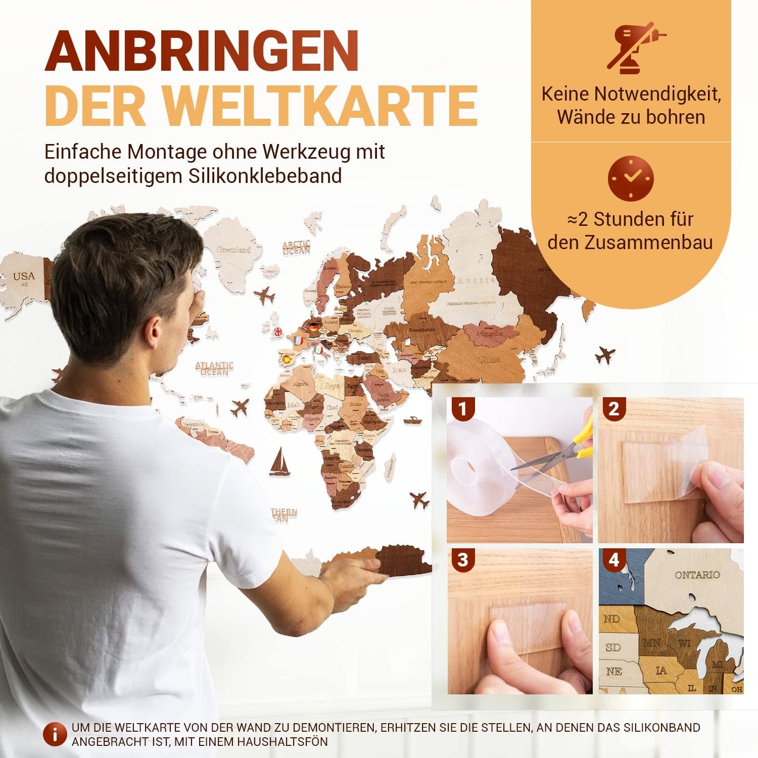 Premium Wanddeko 3D Weltkarte Holz in Deutsch mit Pins | Werkzeuglose Wandmontage | Eine Geschenkidee für jede Gelegenheit | Wand deko Holz für Wohn- und Büro Deko (Holzfarbe, 120x62 cms)