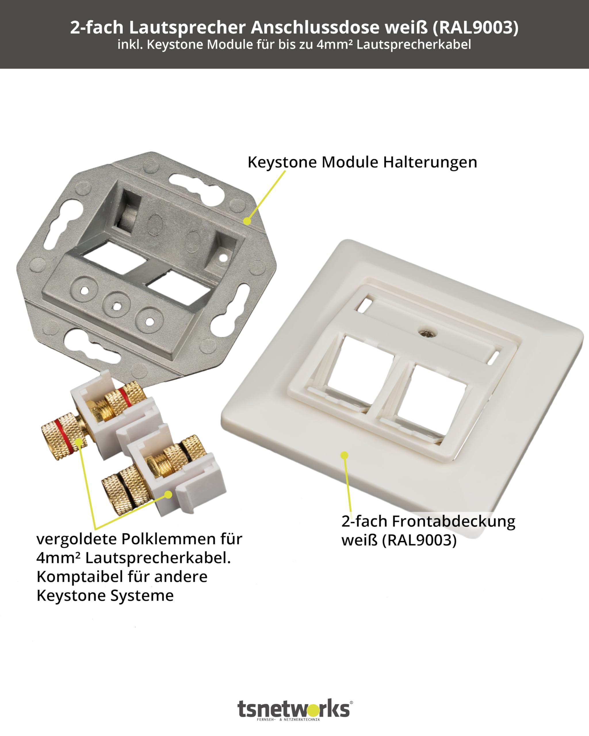 Głośnik Keystone Module czerwony/czarny z pokrywą 80 x 80 mm - 1 szt. w zestawie - zacisk biegunowy LS z zaciskiem śrubowym pozłacany, kompatybilny z wtyczką bananową