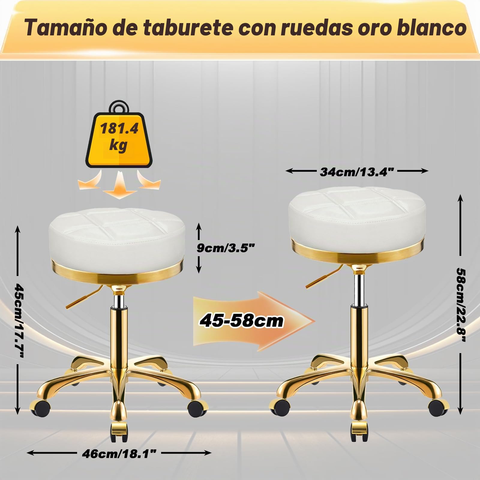 Dorado Taburete con Ruedas, Silla Giratoria Redondo de Cuero PU, Taburetes para Tocador, Oficina y Esteticista, Banqueta Regulable Altura de 45 a 58 cm (Blanco, Sin Respaldo)
