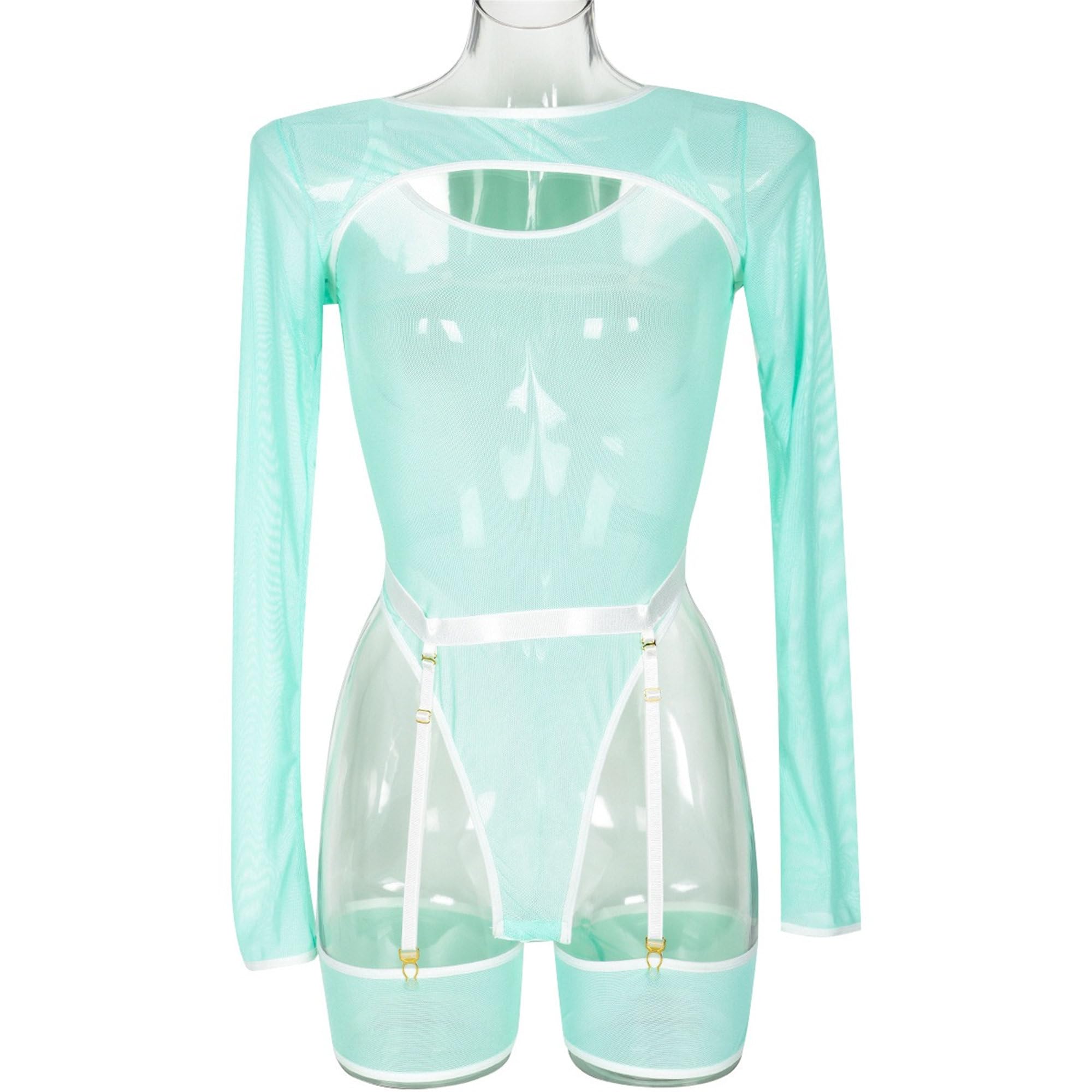 Conjunto de Lencería Transparente con Tirantes para Mujeres Body de Manga Larga de Tela Transparente Elástica Liga Hueca de Encaje con Armadura