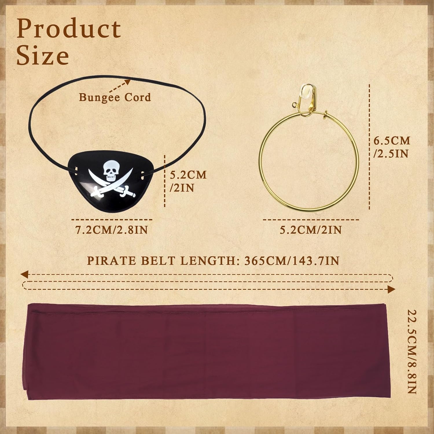 Cotton Pirate Costume Accessories Set for Men And Women Head Scarf Sash Belt Dress With Earring And Necklace - Image 5