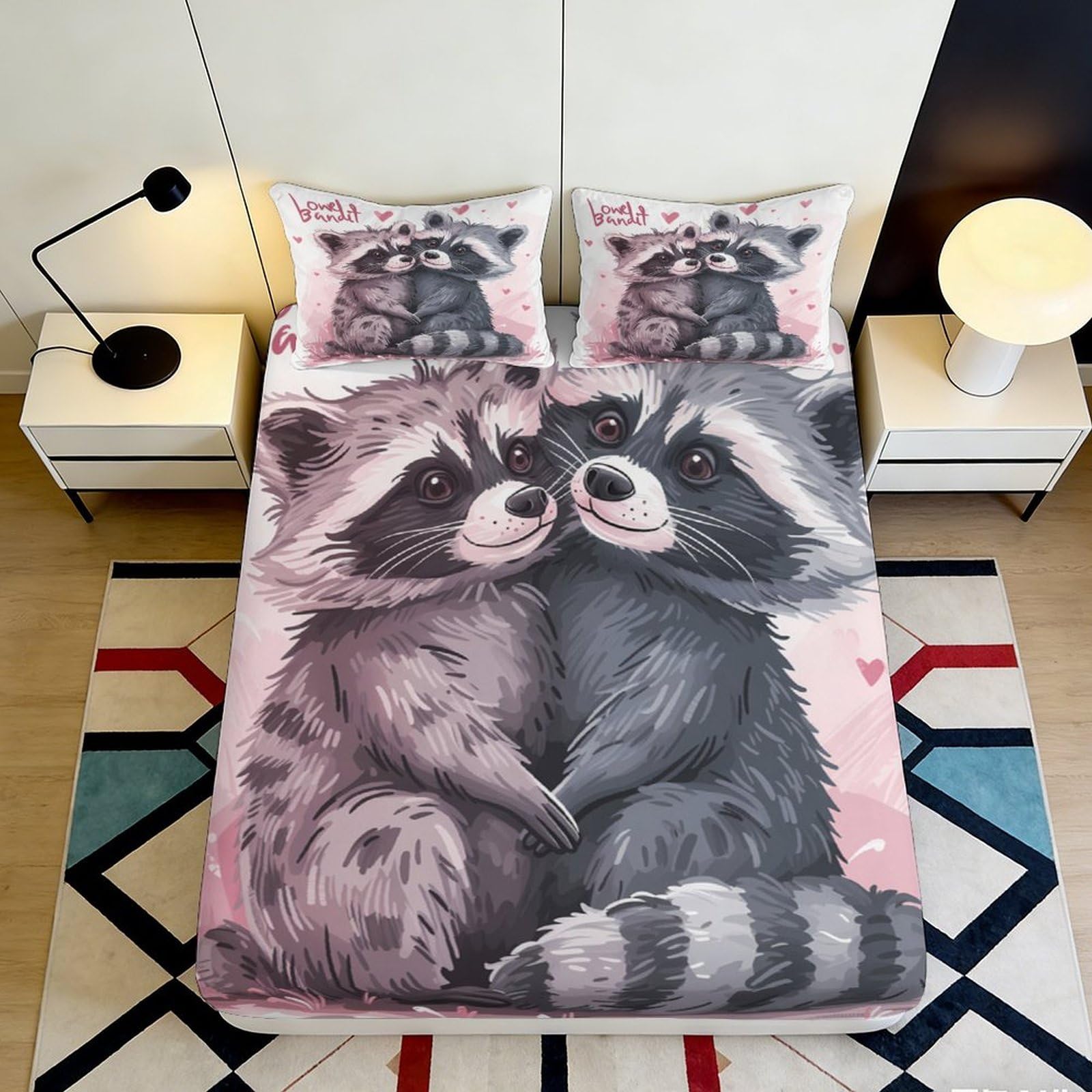 3D Printed Raccoon Cute Fitted Sheet Microfiber Deep Pocket Non-Slip Bedding Raccoon Mattress Fitted Cover Adults Washable 200x200x25cm 90x200x25cm
