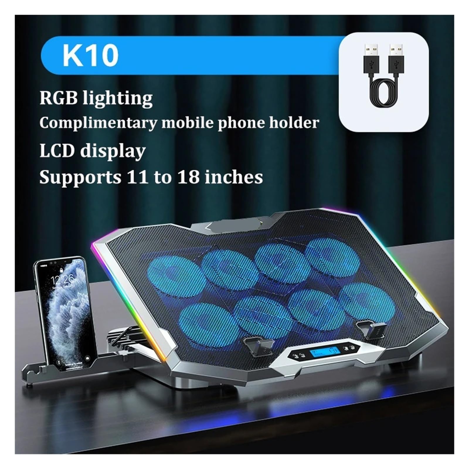 Raffreddatore for laptop RGB Base di raffreddamento for laptop con schermo a LED da 12-18 pollici 3500 RPM 8 ventole 2 porte USB Supporto for dispositivo di raffreddamento for notebook