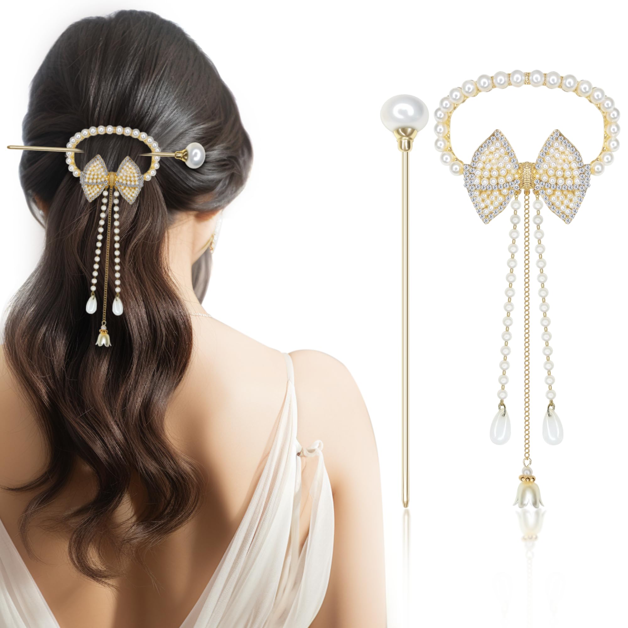 Sanas Pearl Bow Hairpin with Tassel 1Pc Pearl Stick with Bow Tie Metal Slide Hair Clip for Ponytail Elegant Hair Buns Accessories for Women Girls 1Pc (White) (B0CW3FW6C3) Amazon Price History, Amazon Price Tracker