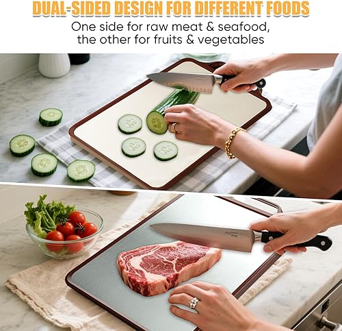 Miniatura 4 de Tabla de cortar de titanio, 2 en 1, grande, acero inoxidable 304, paja de trigo, PP Tabla de cortar de cocina de doble cara, almohadillas de corte