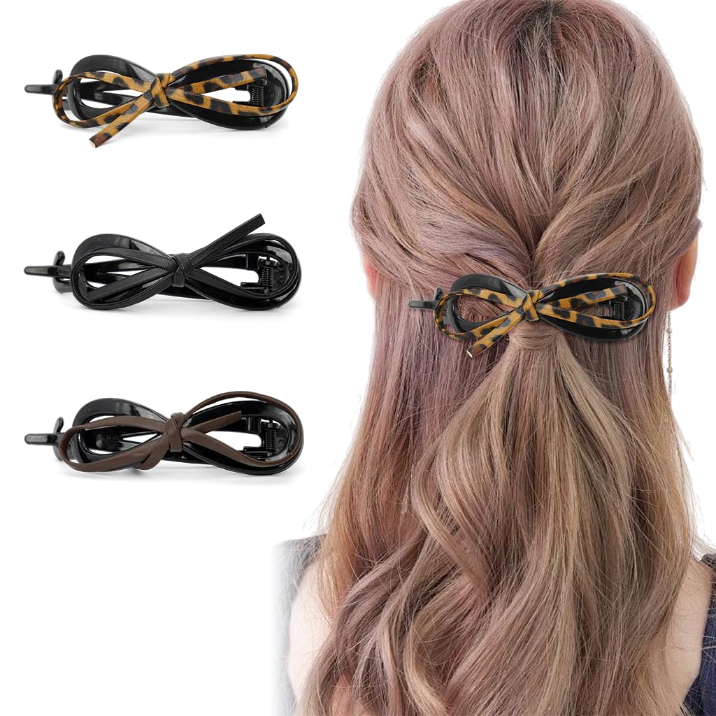 MAYCREATE® 3Pcs Bow Hair Clips for Women Girls Stylish Leather French Bow Twist Clip Bow Clips Strong Hold No Slip Hollow Out Duckbill Clip Banana Hair Accessories for Woman, Girls-image-12