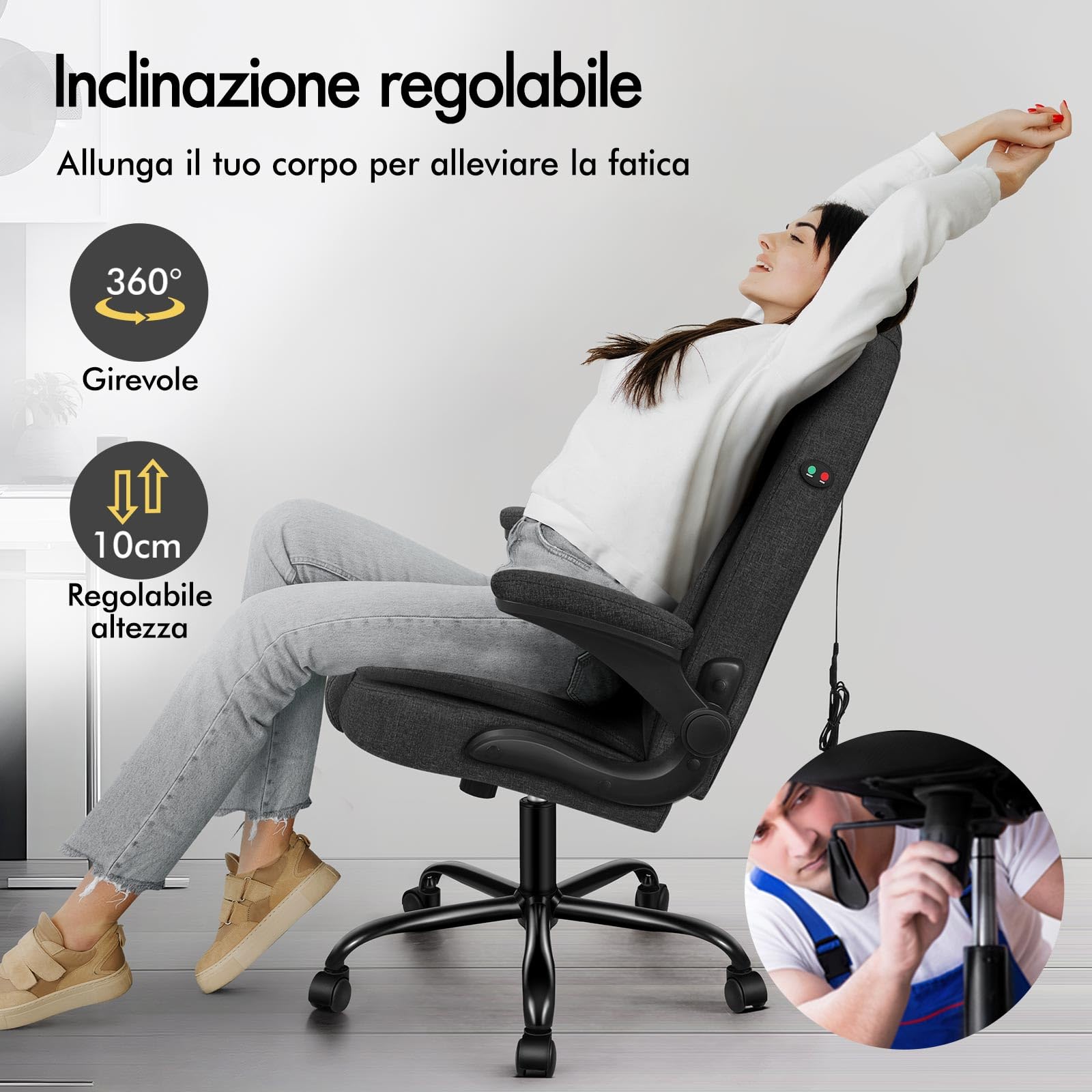 ALFORDSON Sedia Ufficio con Massaggio, Sedia Scrivania Ergonomica con Supporto Lombare, Poltrona Girevole ad Altezza Regolabile per Ufficio e Studio Sala Riunioni, Portante 150 kg, Tessuto(Nera)