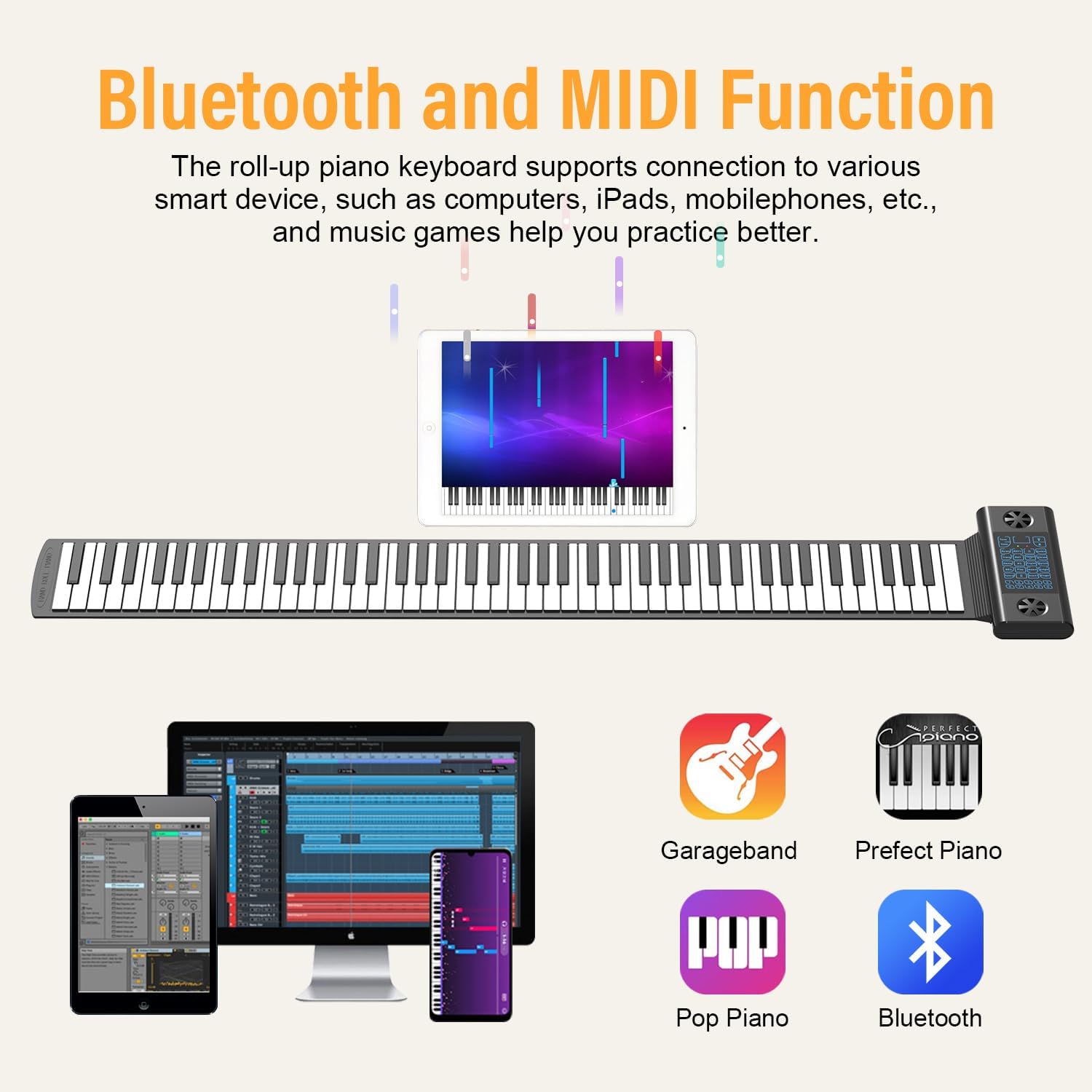 KONIX PS88B Roll-Up Piano control panel with LED display and buttons