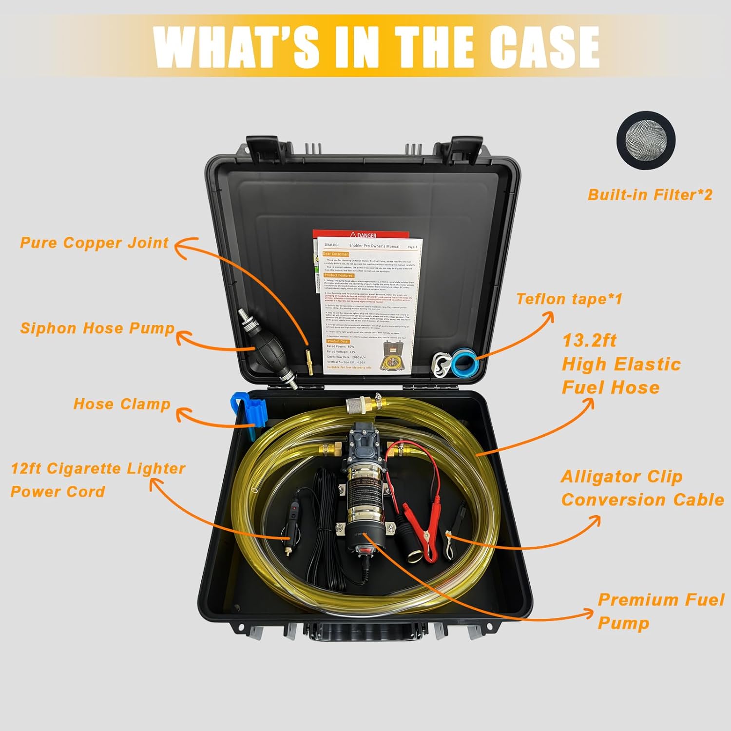 12V Fuel Transfer Pump Kit, Moves Up to 120 Gallons Of Gas or Diesel Per Hour, with High Elastic Fuel Pipe & 2 Power Cables, Great for Vehicles, Boats, Equipment, Gasoline, Diesel
