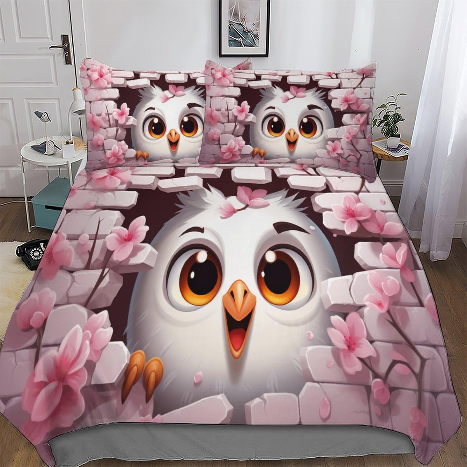 Housse de couette oiseau mignon parure de lit 220x240 imprimé microfibre coton