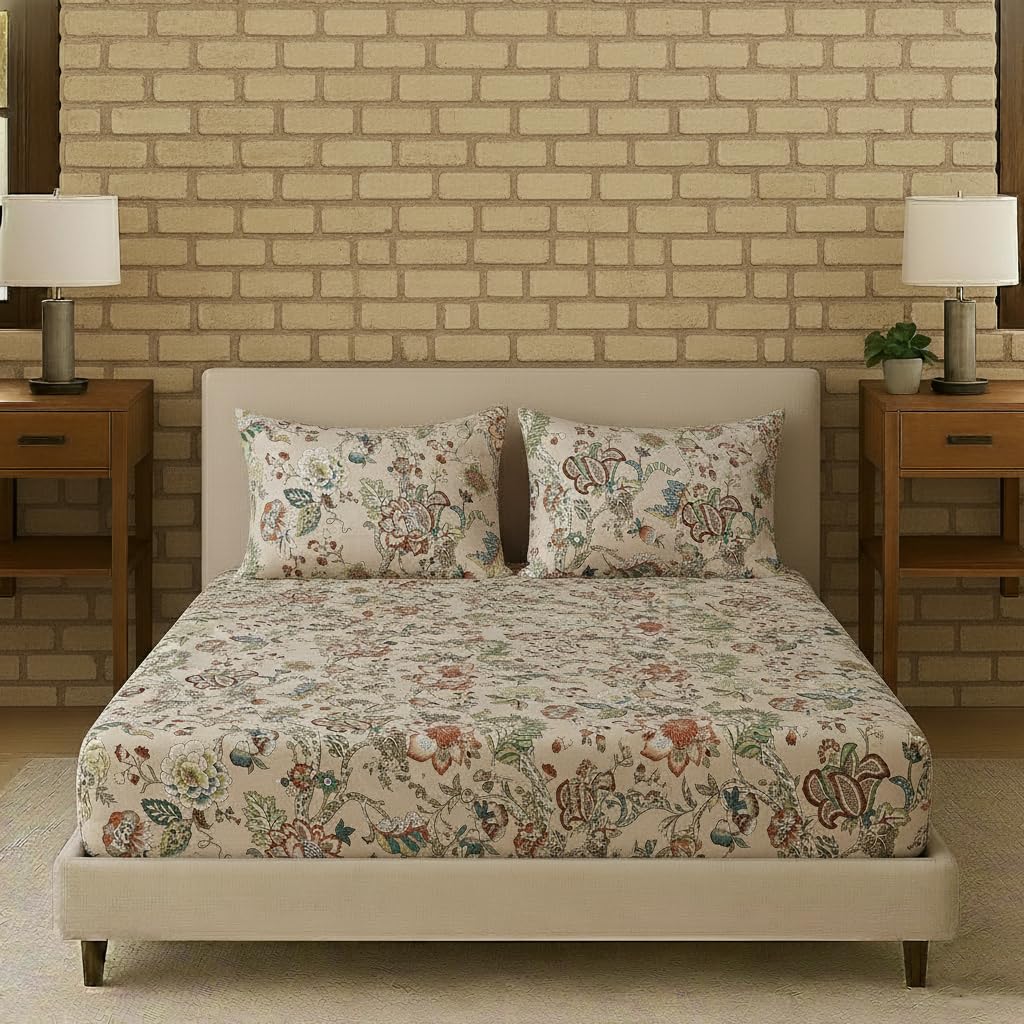 Trance Home Linen 144TC 100% Cotton 75"x60" Double Bed Size Elastic Fitted Bedsheet | Printed Double Size Bed Elasticated Fitted Bedspread with 2 Pillow Covers (75x60 inch, Malhaar Beige)-picture-15