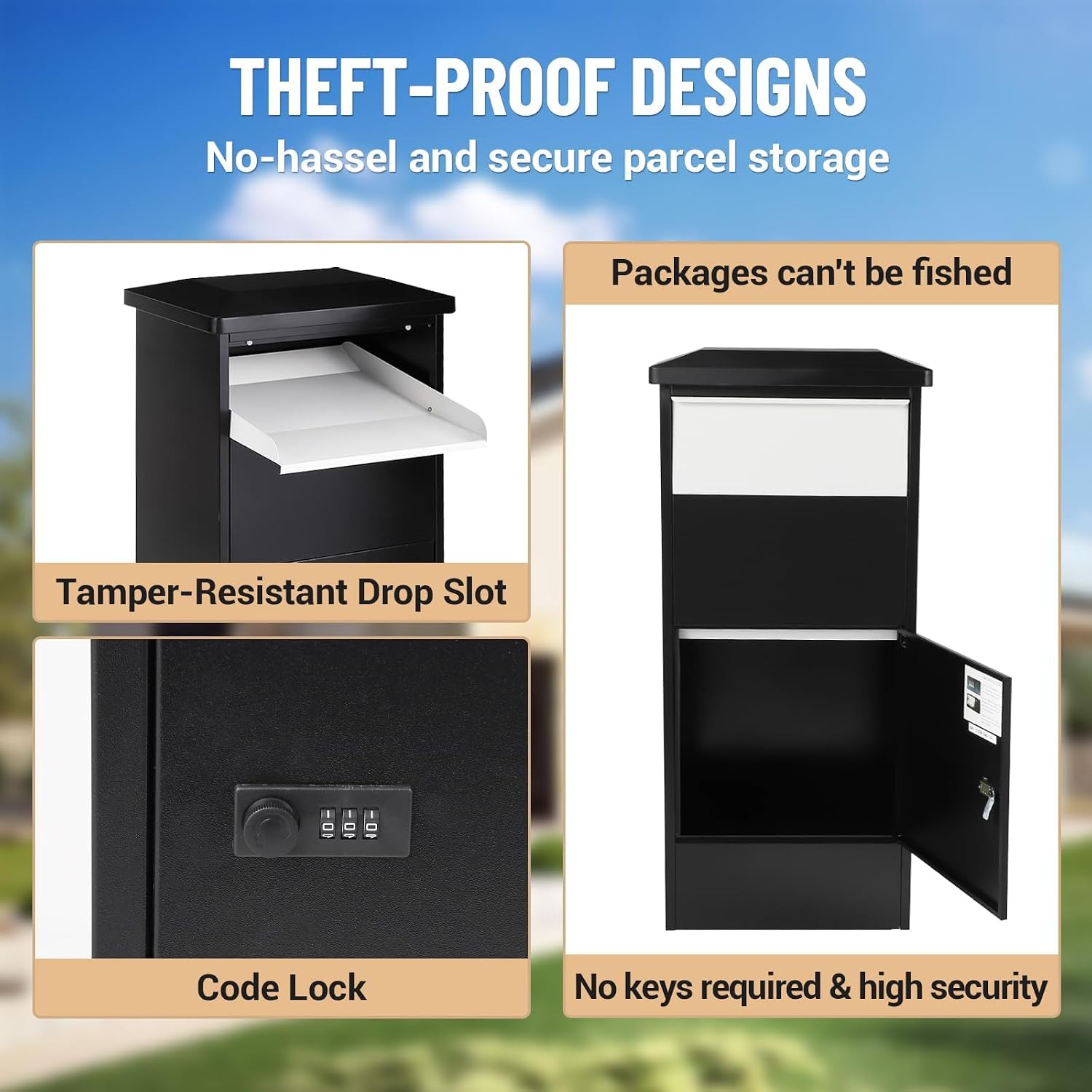 Black Freestanding Floor Mailbox with Lock, Galvanized Steel Parcel Drop Box, Anti-Theft, Wind and Rain Resistant, Large Outdoor Package Delivery Box, 20.5"x 13.8"x 44.1"