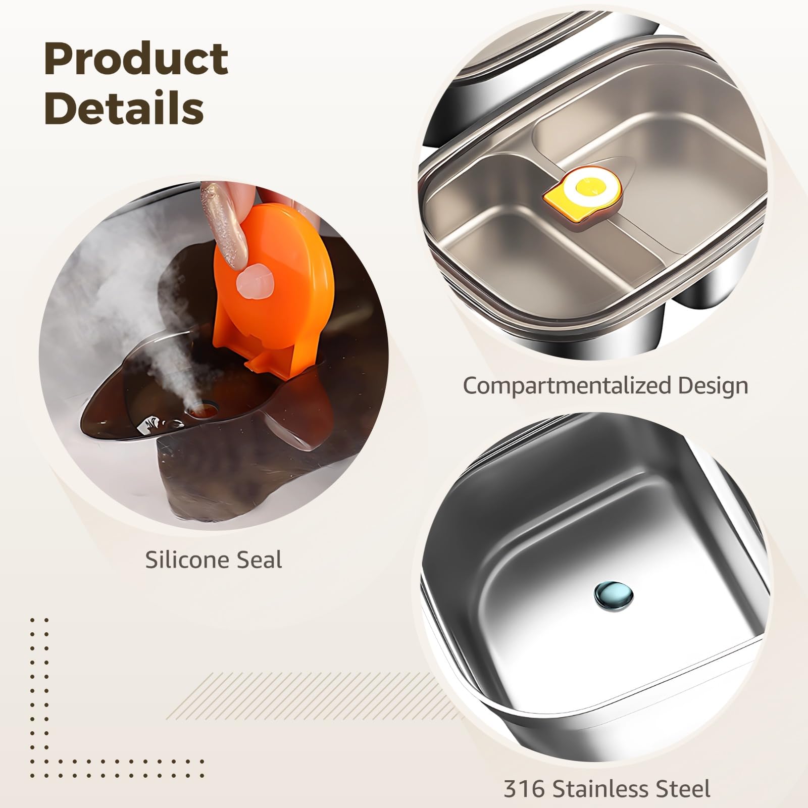 Boîte repas adulte en acier inoxydable 316, lot bento avec 2 compartiments et version simple, récipient à joint silicone, design micro-vide, étanche, 40,6 fl oz, 21,5 x 15,5 x 6,5 cm