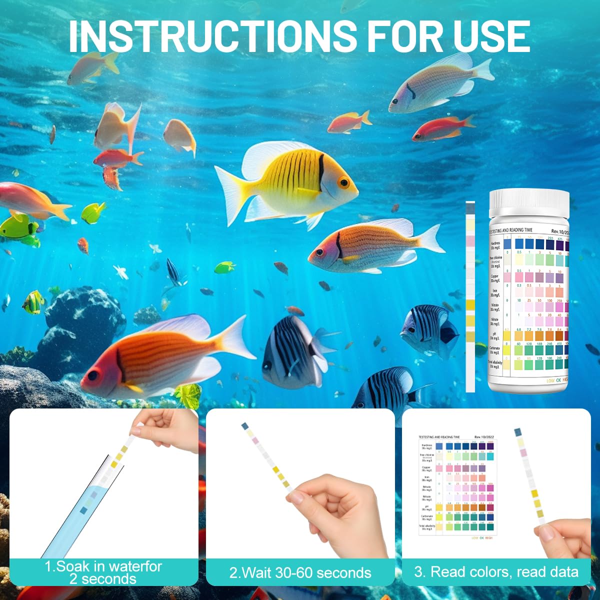 200 bandelettes de test d'eau 9 en 1 pour aquarium : pH, nitrites, nitrates, chlore, dureté totale, fer, cuivre. Test rapide pour l'eau potable, l'eau de piscine, l'eau d'aquarium, l'eau de fontaine e