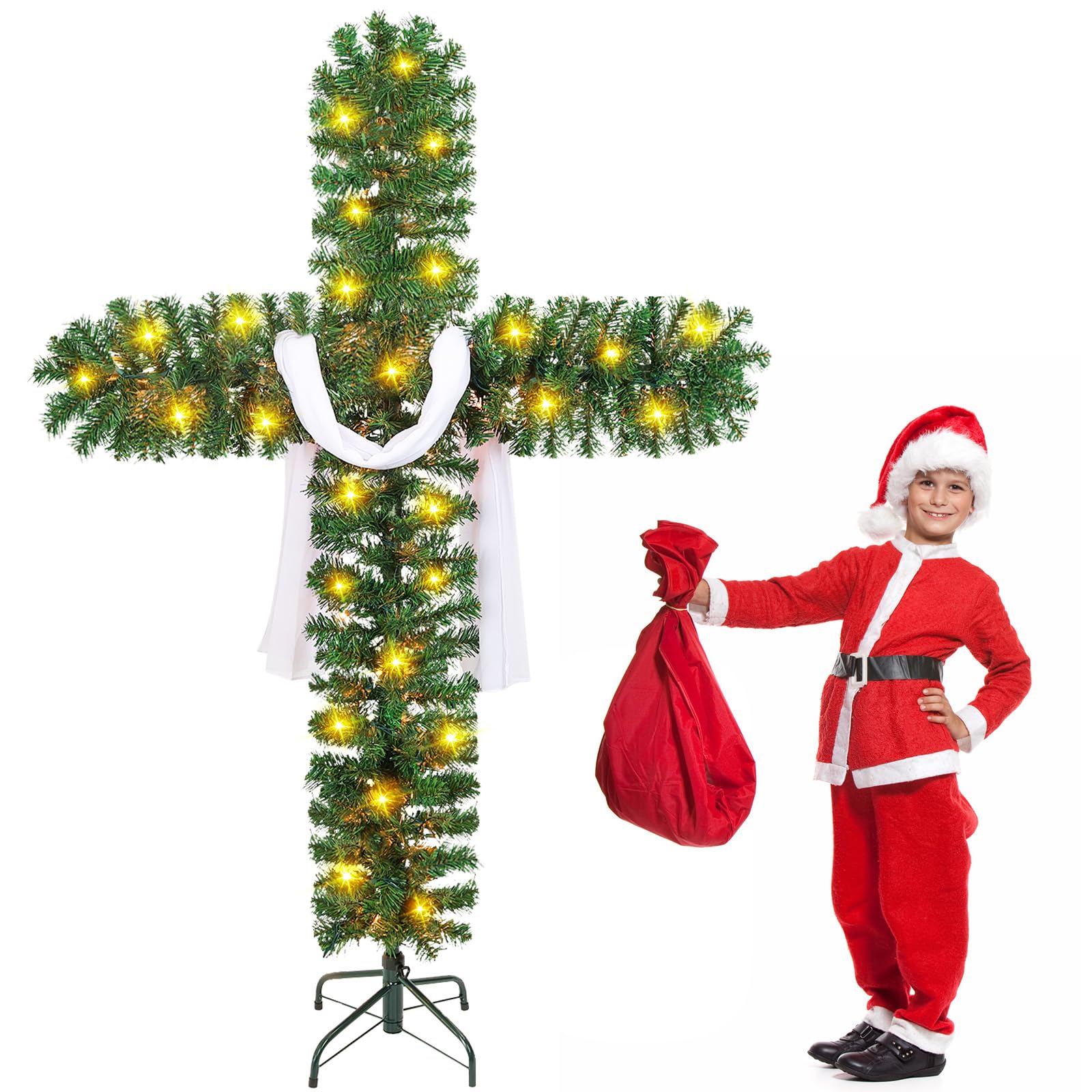 6ft Christmas Cross Tree with 100 Lights and a White Silk Scarf Christmas Decorations Jesus Christ Catholic Cross Decor He is Risen for Outdoor Home Decor